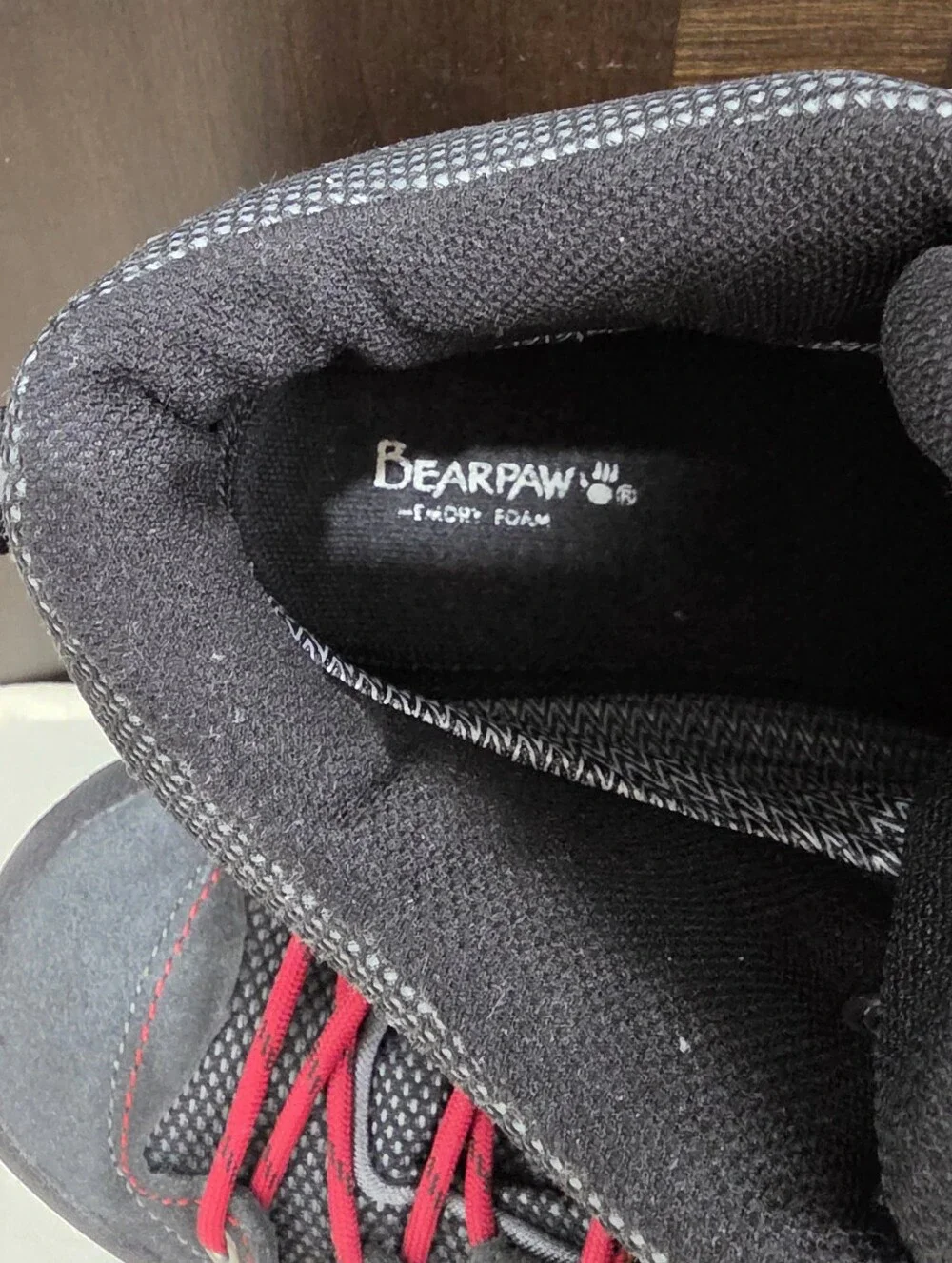 BearPaw Men's Black Boots with Red Laces and Blue Trim
